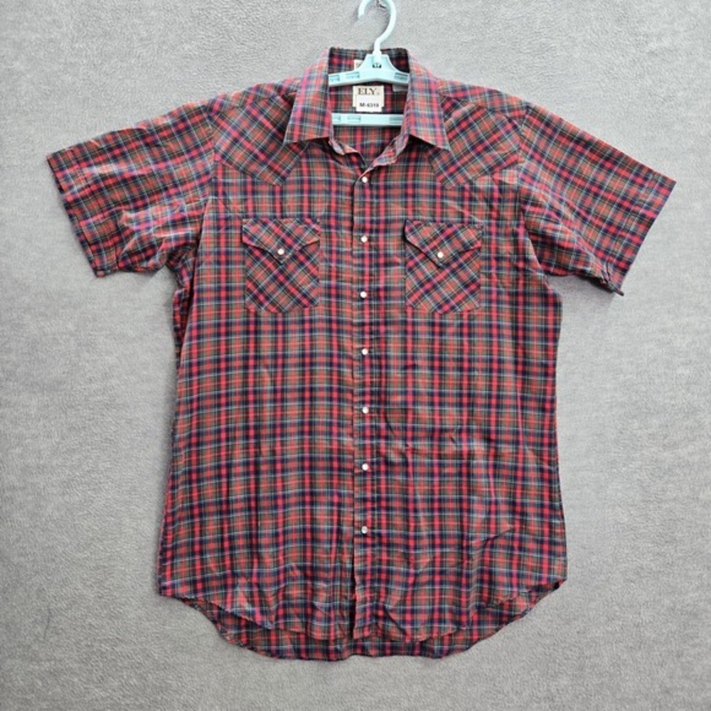 Ely Cattleman‎ Men Button Up Shirt L TALL Red Plaid Western Pearl Snap Collar